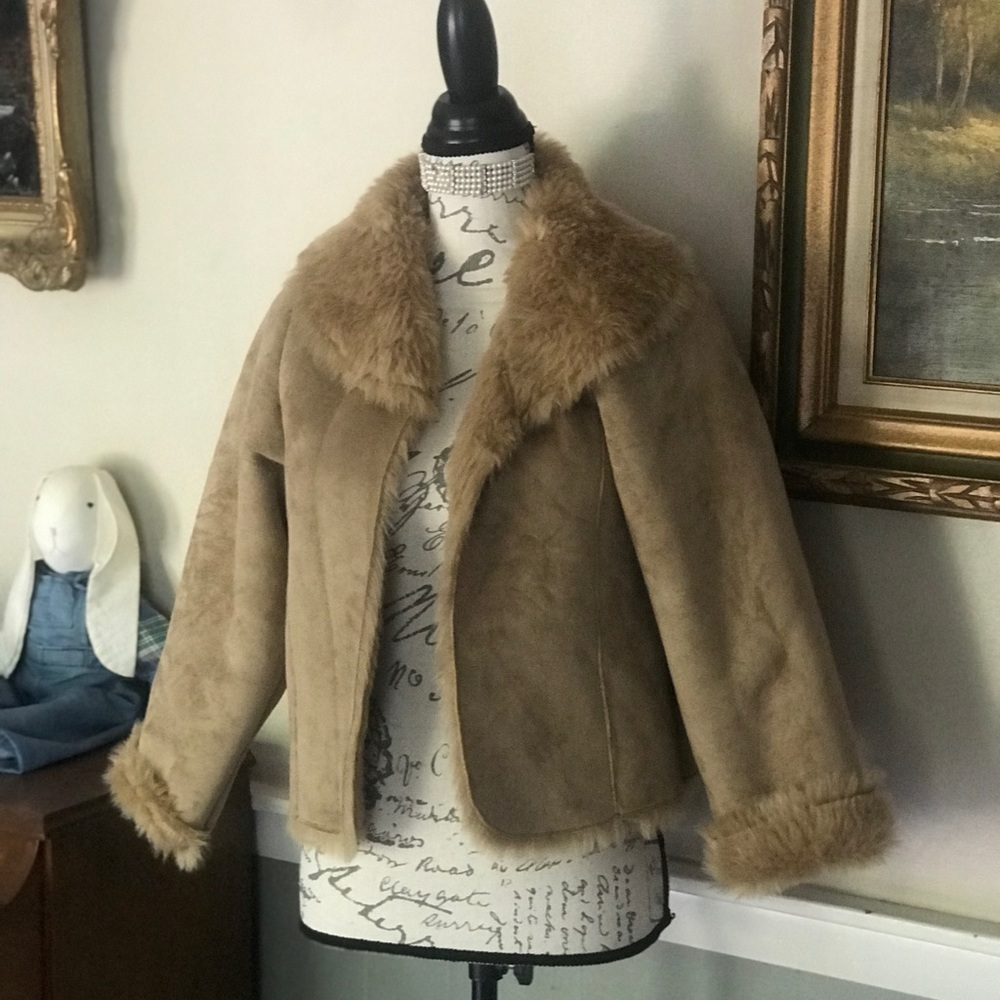 VTG Y2K Faux Suede Faux Fur Open Front Coat M